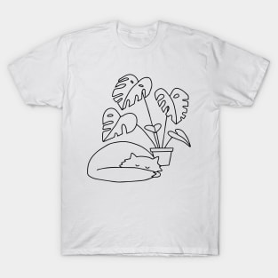 Cat and Plants line art T-Shirt